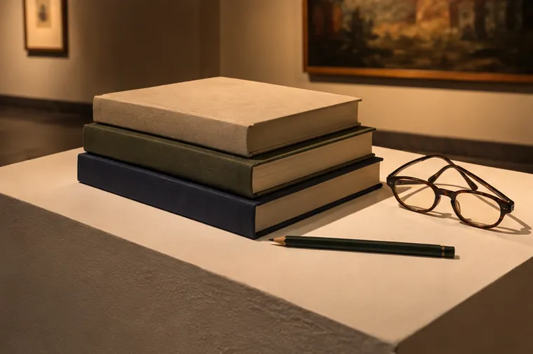 Three plain exhibition catalogues stacked on a white plinth, with reading glasses and a pencil beside them