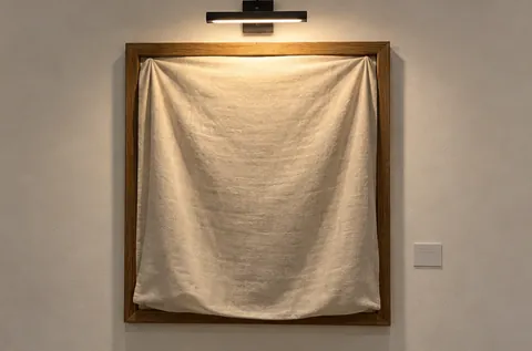 One oak frame on a white wall with a linen cloth over the picture, a small label beside it and a picture light above
