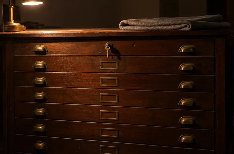 A dark wooden museum storeroom cabinet of closed flat drawers, one brass key in a lock